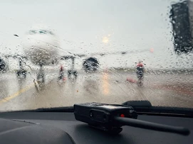 Fly som ses gjennom et vått bilvindu