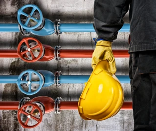 Person som står foran rør med hjelm i hånden